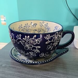 Temp-tations Floral Lace soup mug 22 Oz and plate Or Lid Blue White NWOT New
